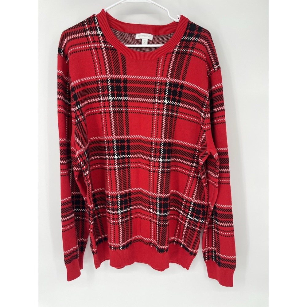 Charter Club Mens Crewneck Sweater Houndstooth Plaid Holiday Red‎ Size XL